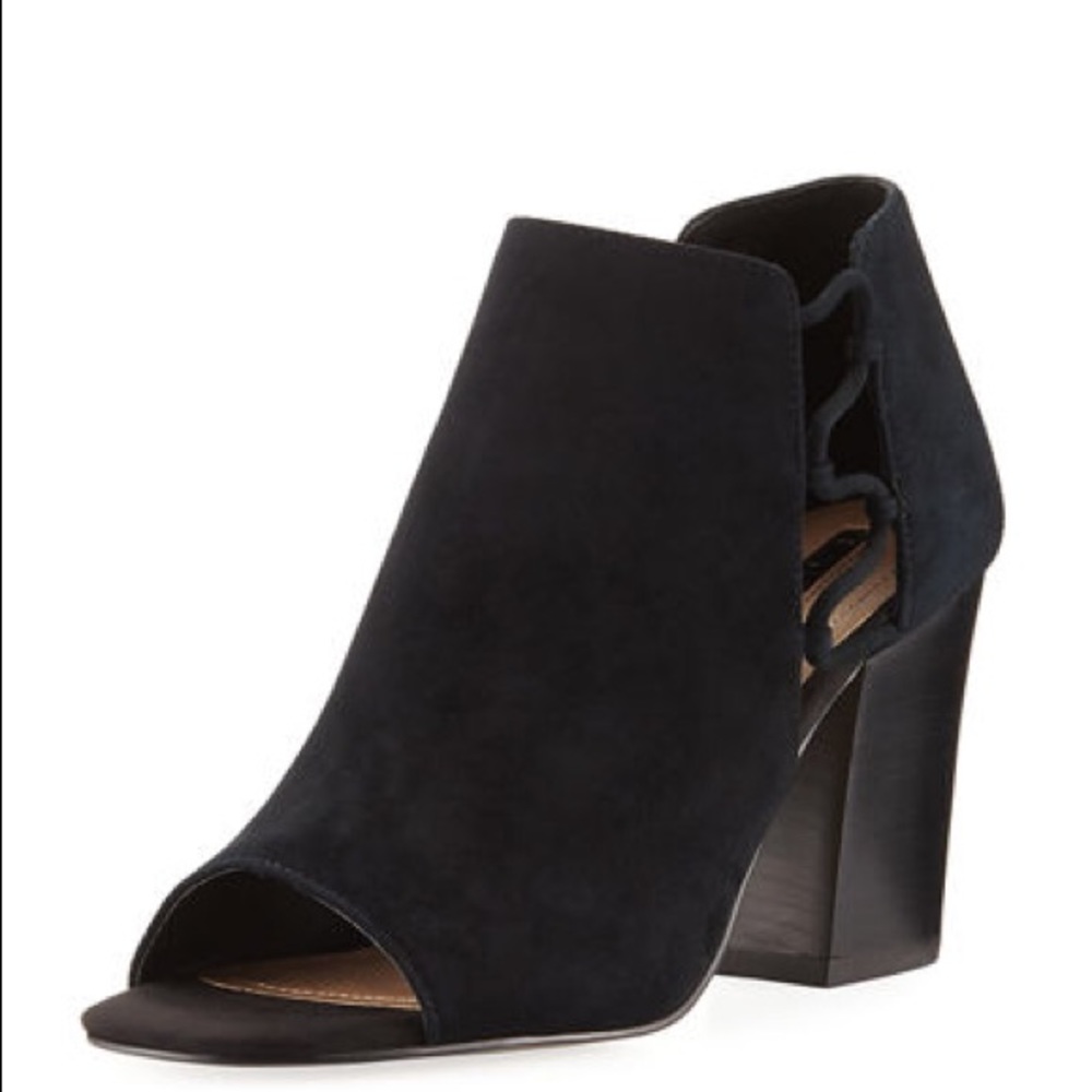 Post Black Suede Open Toe Block Heel Booties